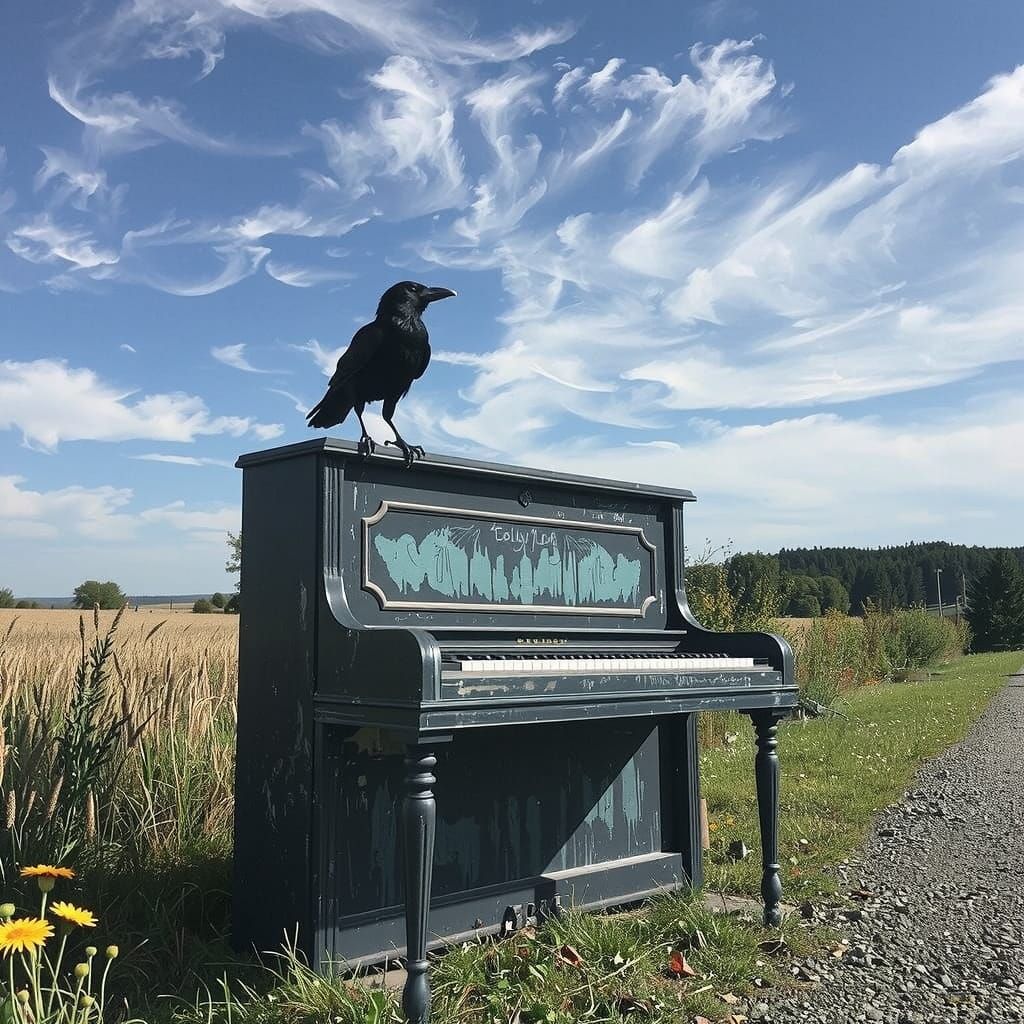 Lone Crow on Abandoned Piano by Country Road