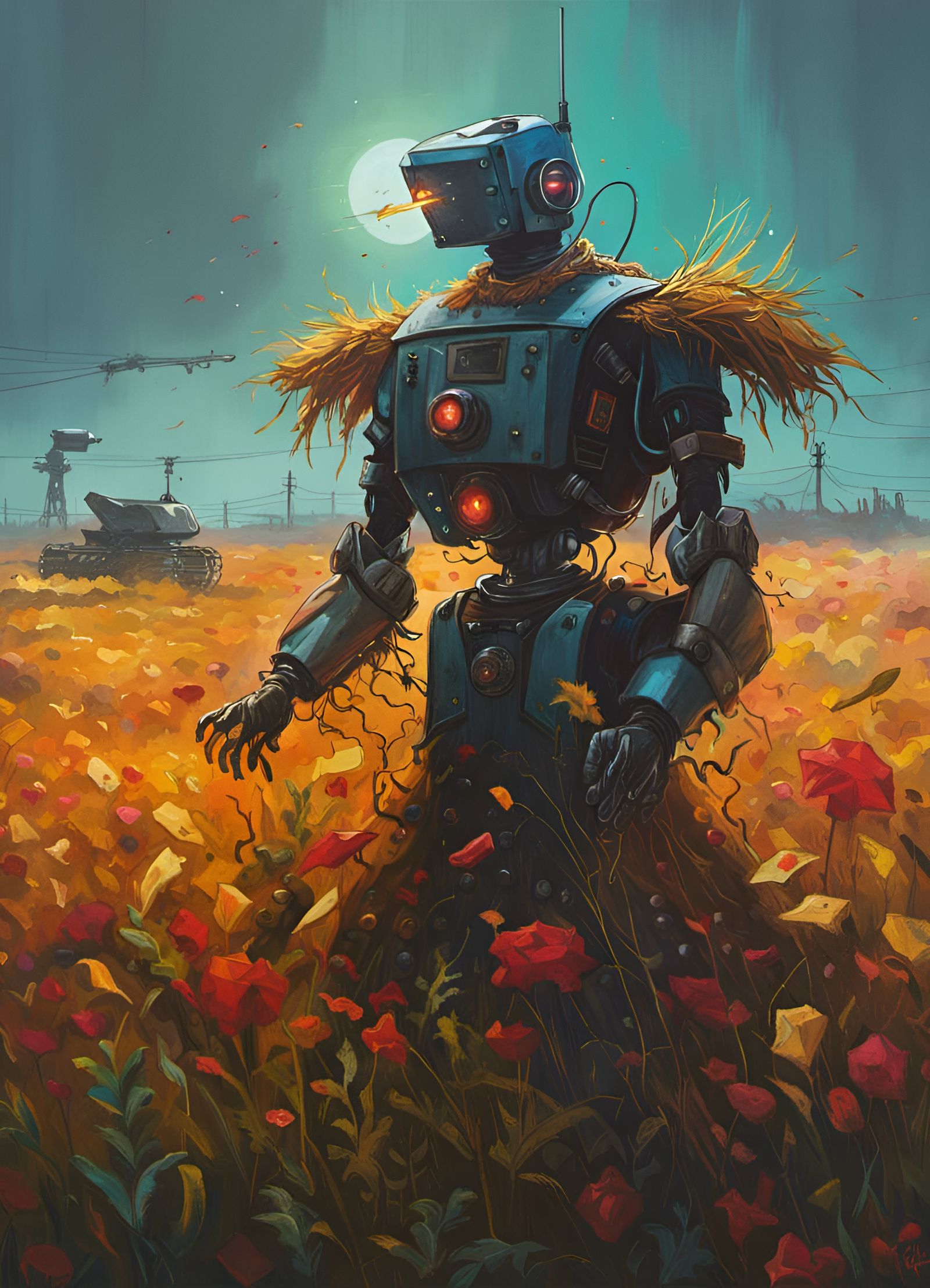 Robotic Scarecrow in Field: Hyperdetailed Pop Art