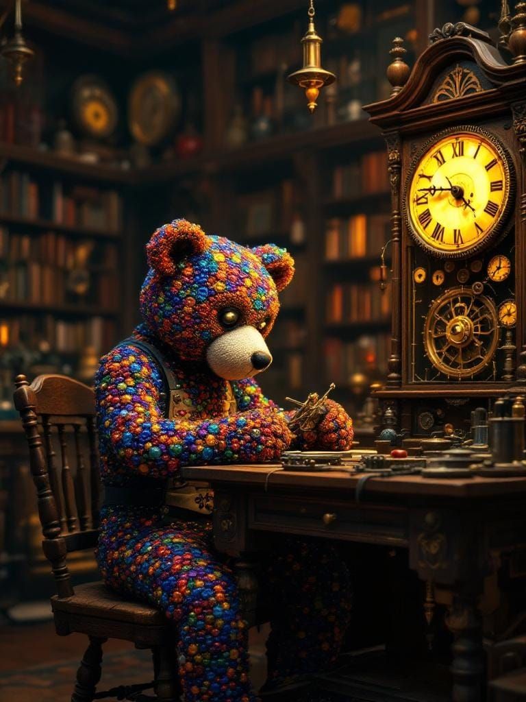 Beaded Teddy Bear Puppet Repairs Clock in Library