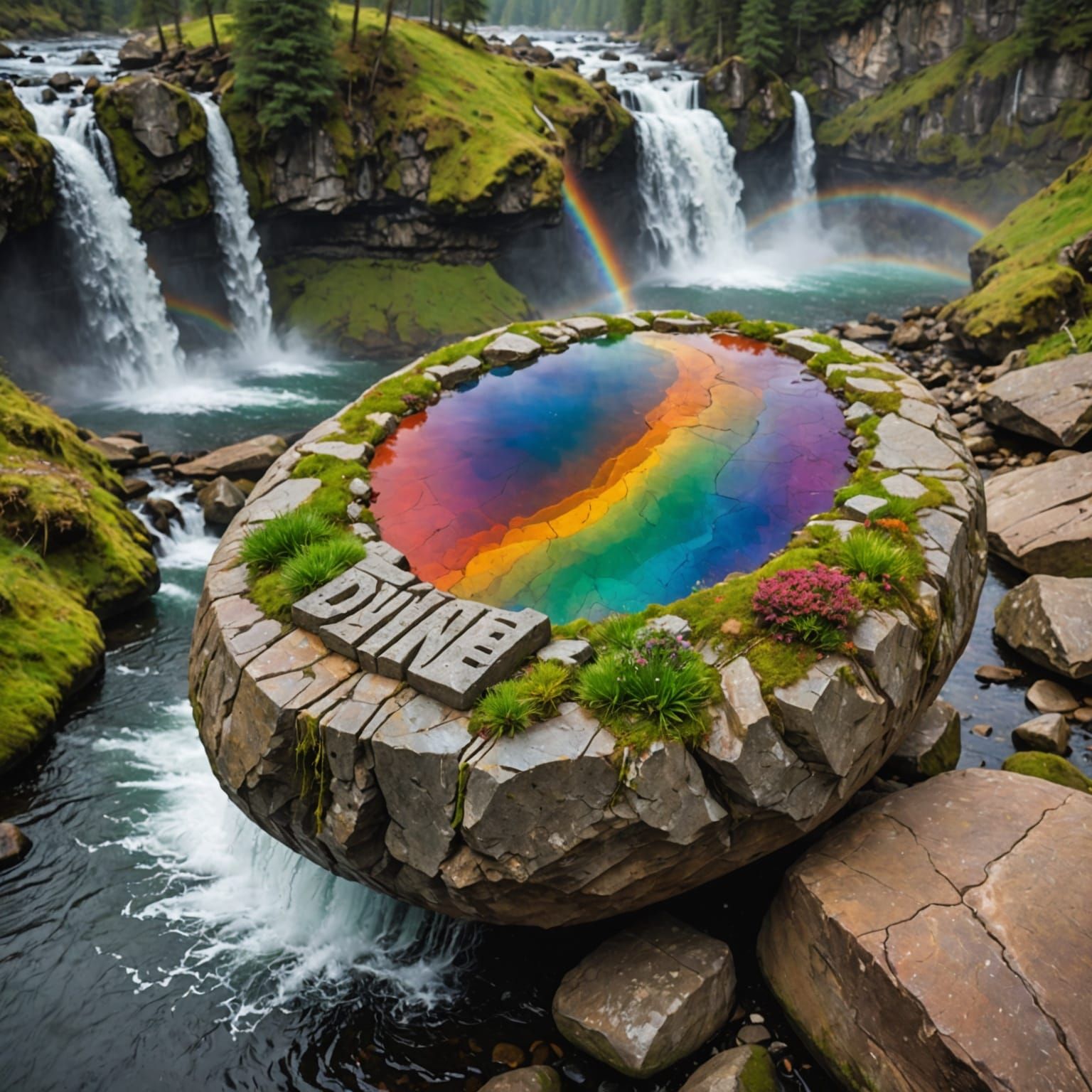 Tiny City Carved in Rainbow Stone by Waterfall
