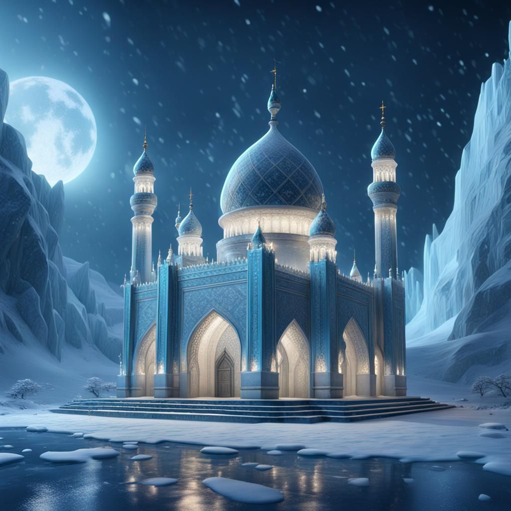 Ice Mosque on Glacier at Snowfall Night: Digital Art