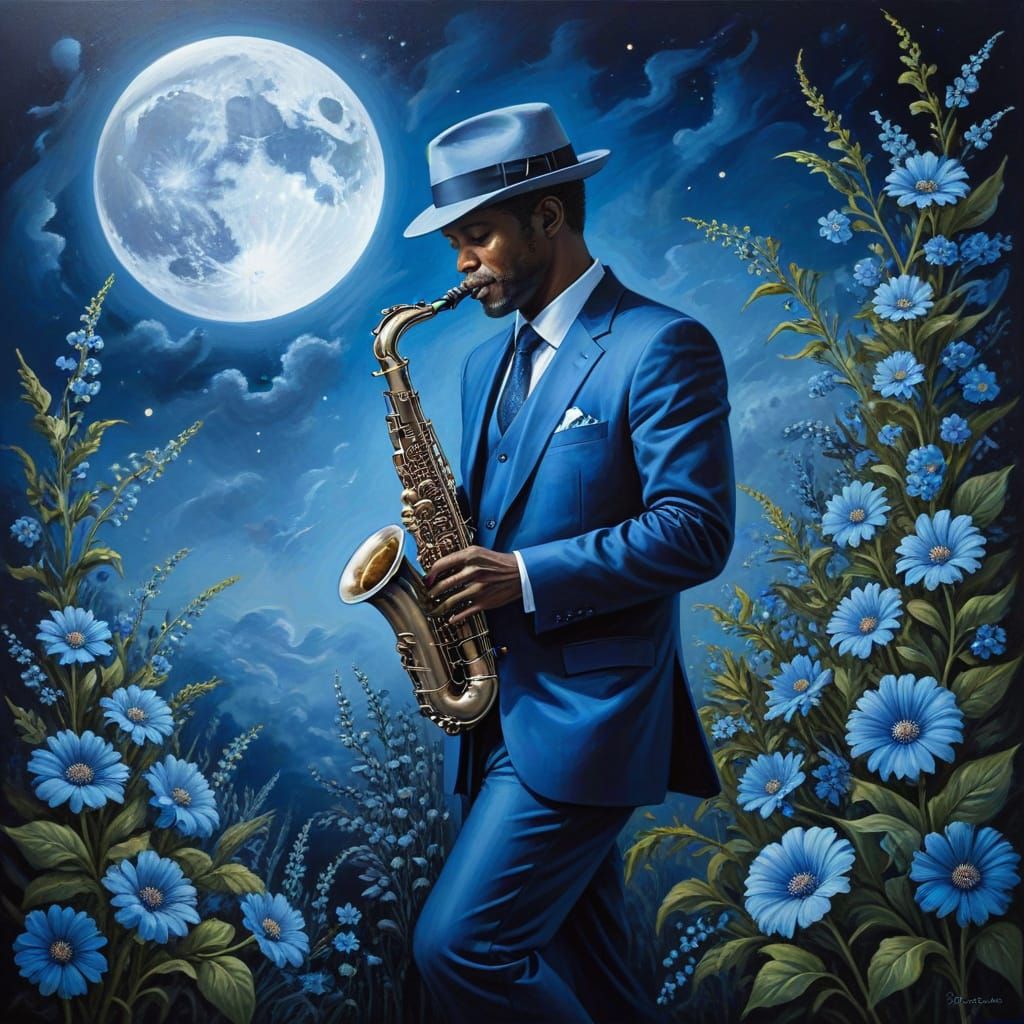 Bluesman Plays Saxophone Under Blue Moon, Oil Painting