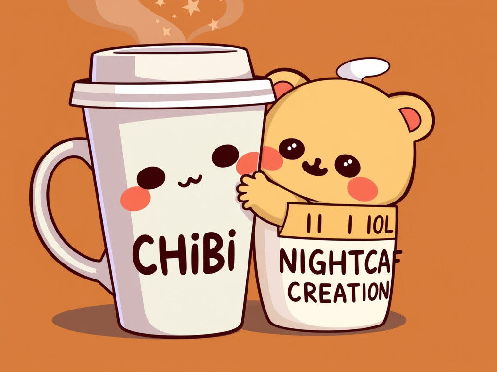 CUTE CHIBI "NIGHTCAFE" COFFEE CUP WITH TEXT "5 YEARS"  HUGGING CUTE CHIBI COFFEE MUG WITH TEXT "1 BILLION CREATIONS" IN ...
