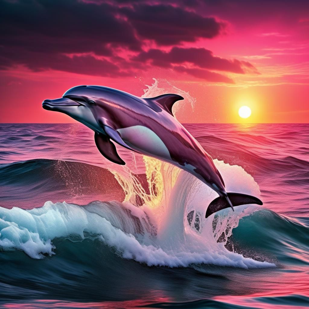 Pink dolphin jumping out the ocean at sunset