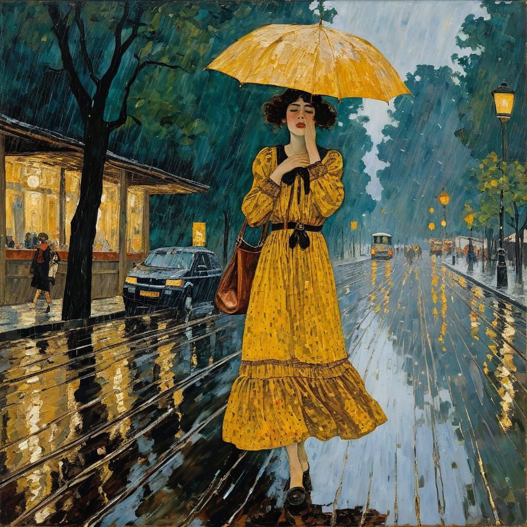 Woman in Summer Rainstorm, Klimt and Schiele Style