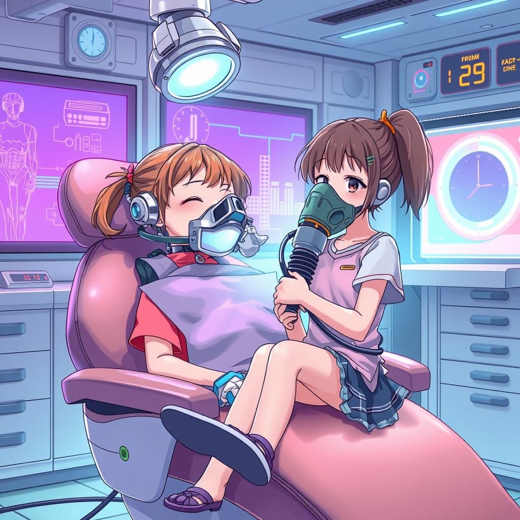 Anime-Style Robot Dentist Visit in Dreamy Pastel Room