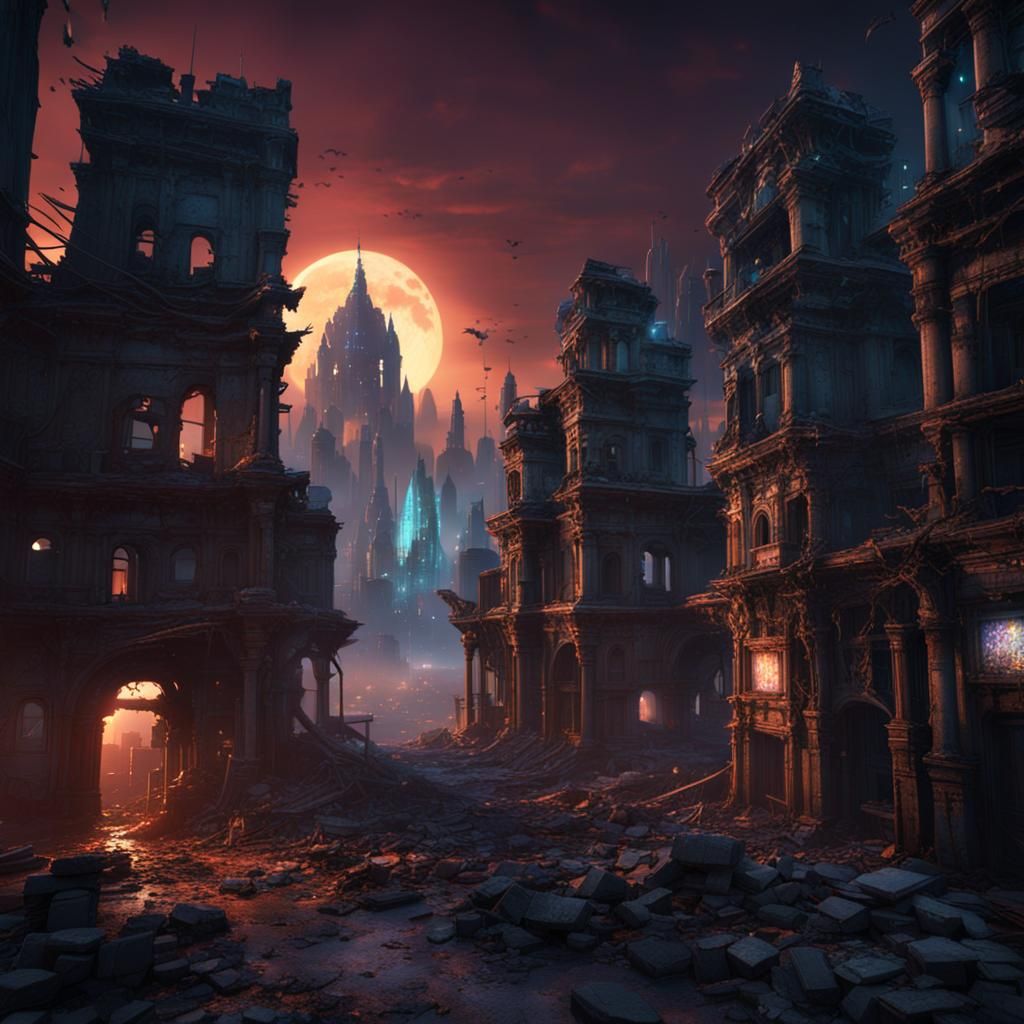 Ruined Cityscape at Night: Detailed Matte Painting