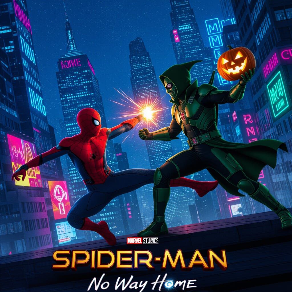 Futuristic Spider-Man Battles Green Goblin in Neon City