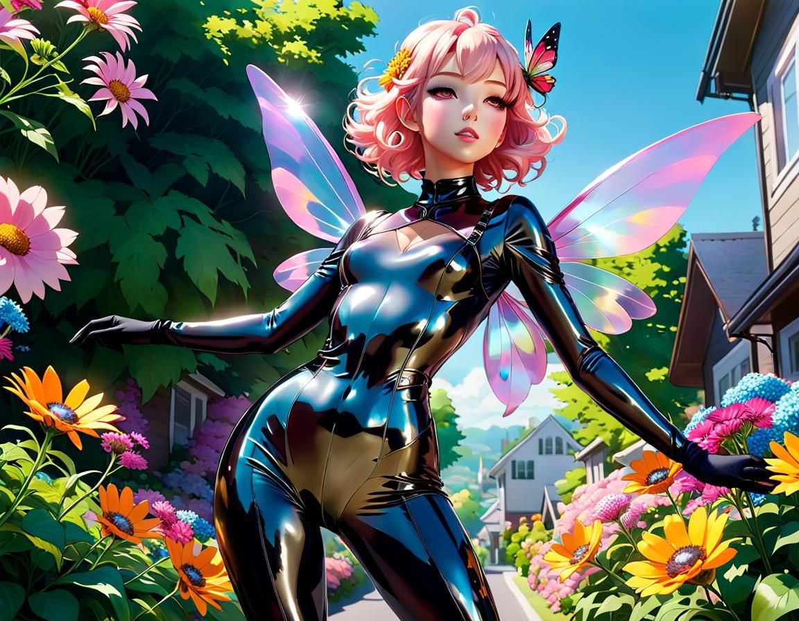Latex Fairy Flies Over Suburban Flowers