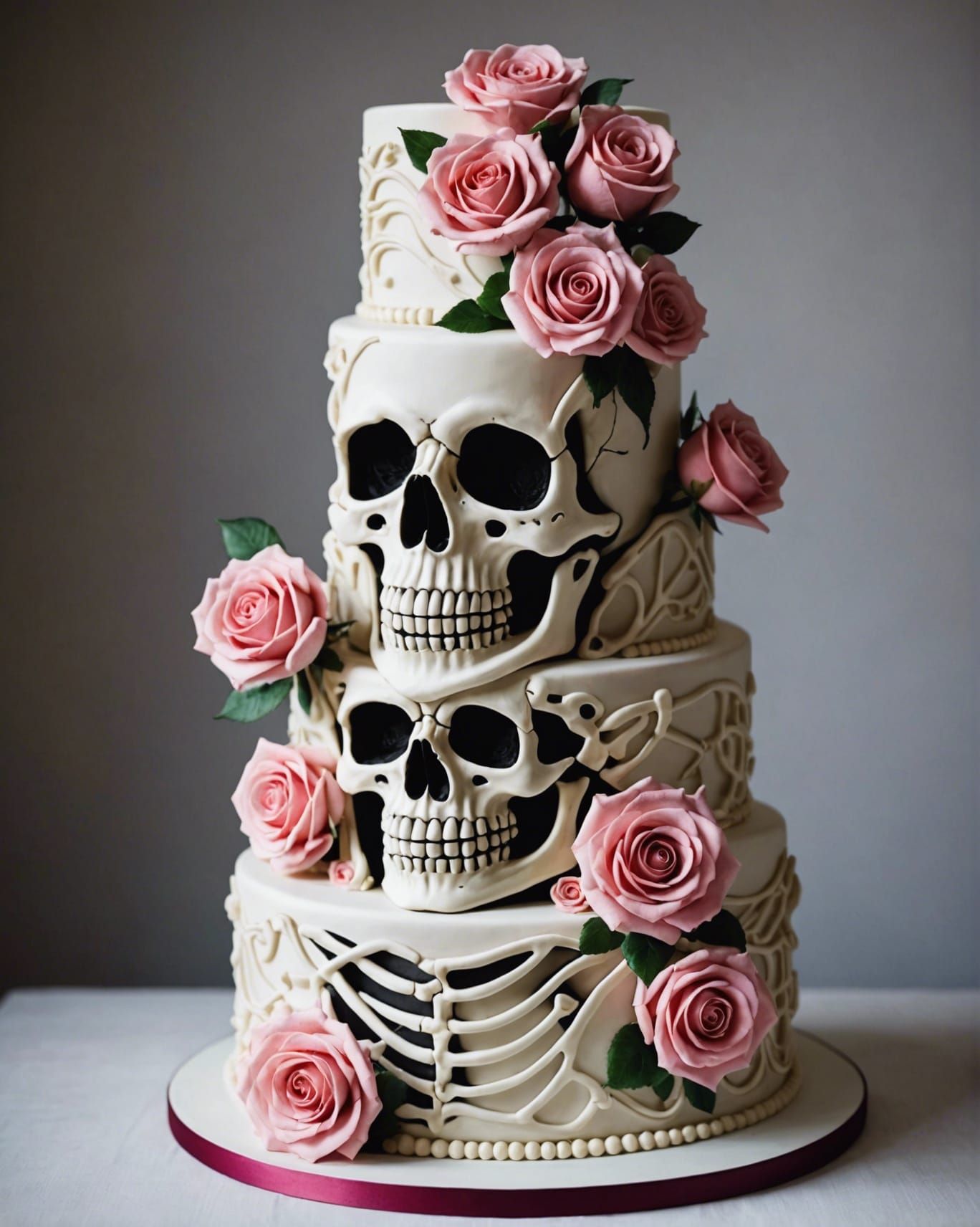 Skeleton Wedding Cake with Pink Roses
