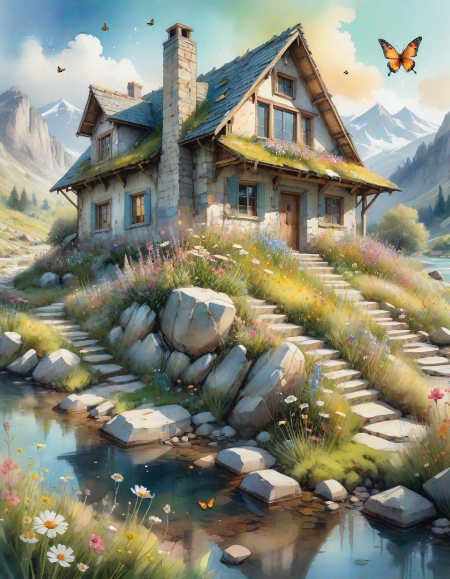 Fantasy Stone House in Flower Meadow, Watercolor Art