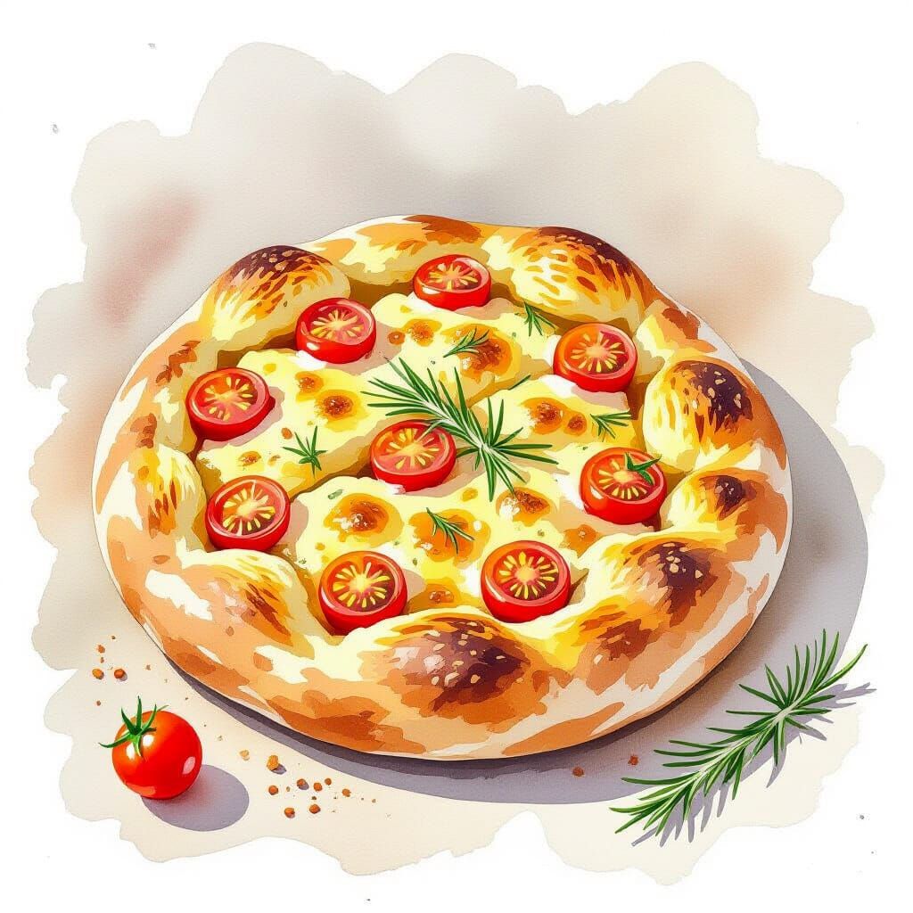 Golden Focaccia Bread with Rosemary and Tomatoes in Watercol...