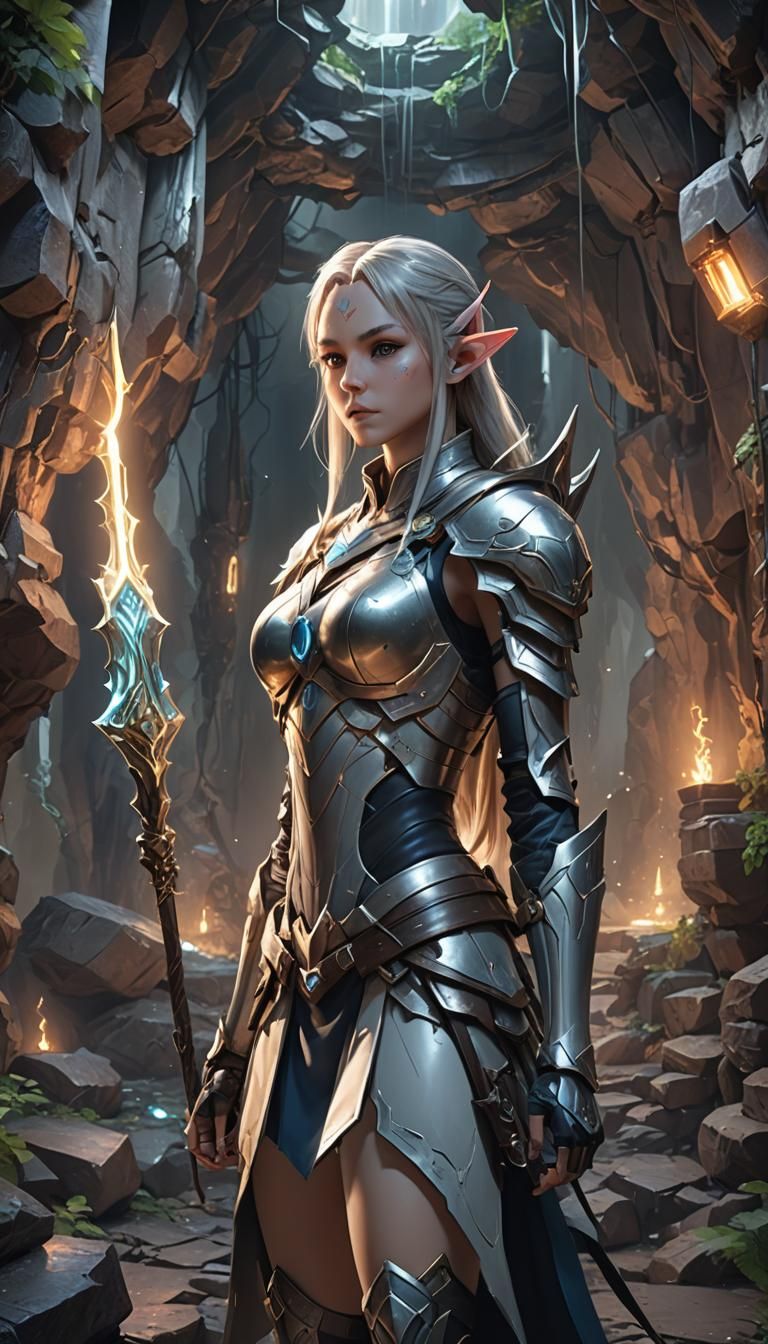 Warrior Elf in a High-Tech Cave: 3D Anime Art