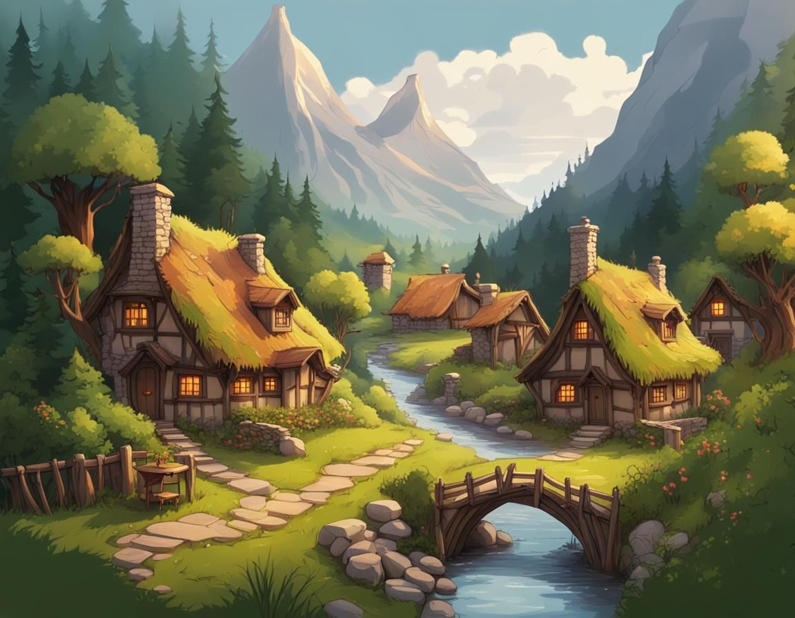 Cozy Hobbit Village in Mountain Forest