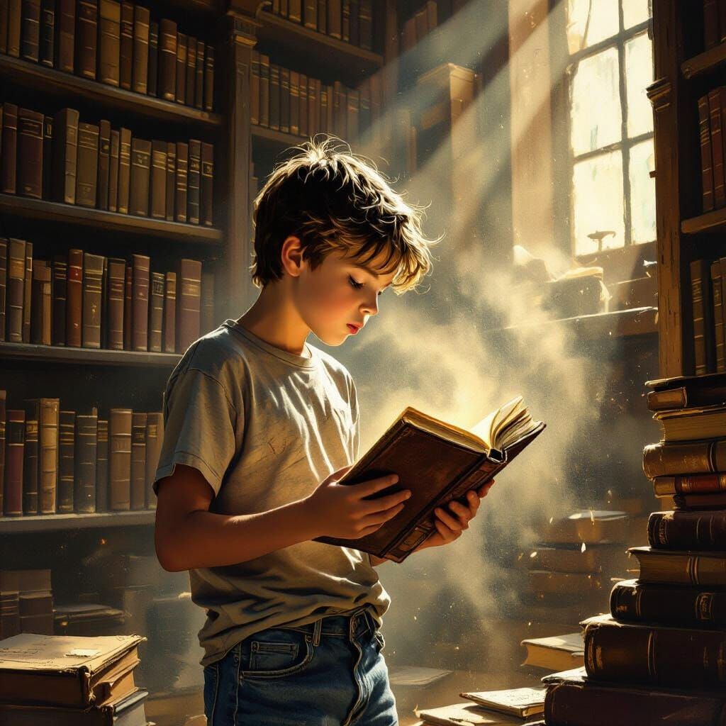 Boy and Book in Old Library, Classic Fantasy Art