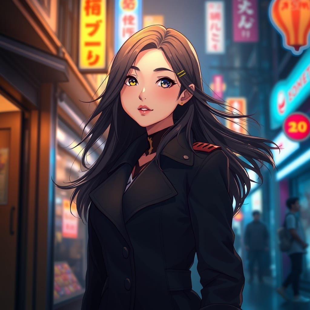 Anime Woman in Neon City, Ghibli Style