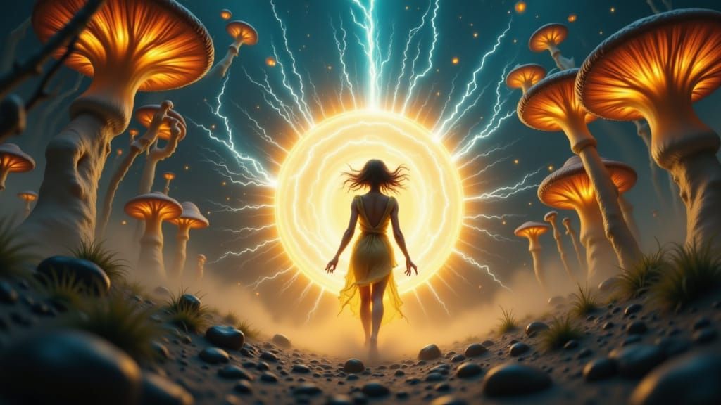 Electric Woman Emerges From Portal on Alien Planet