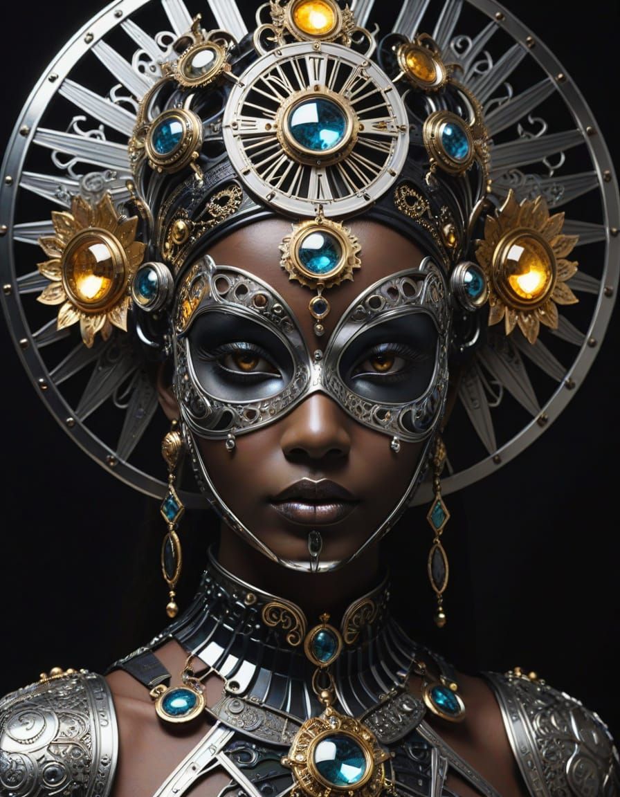 Steampunk Queen in Golden Crown with Cosmic Reflections