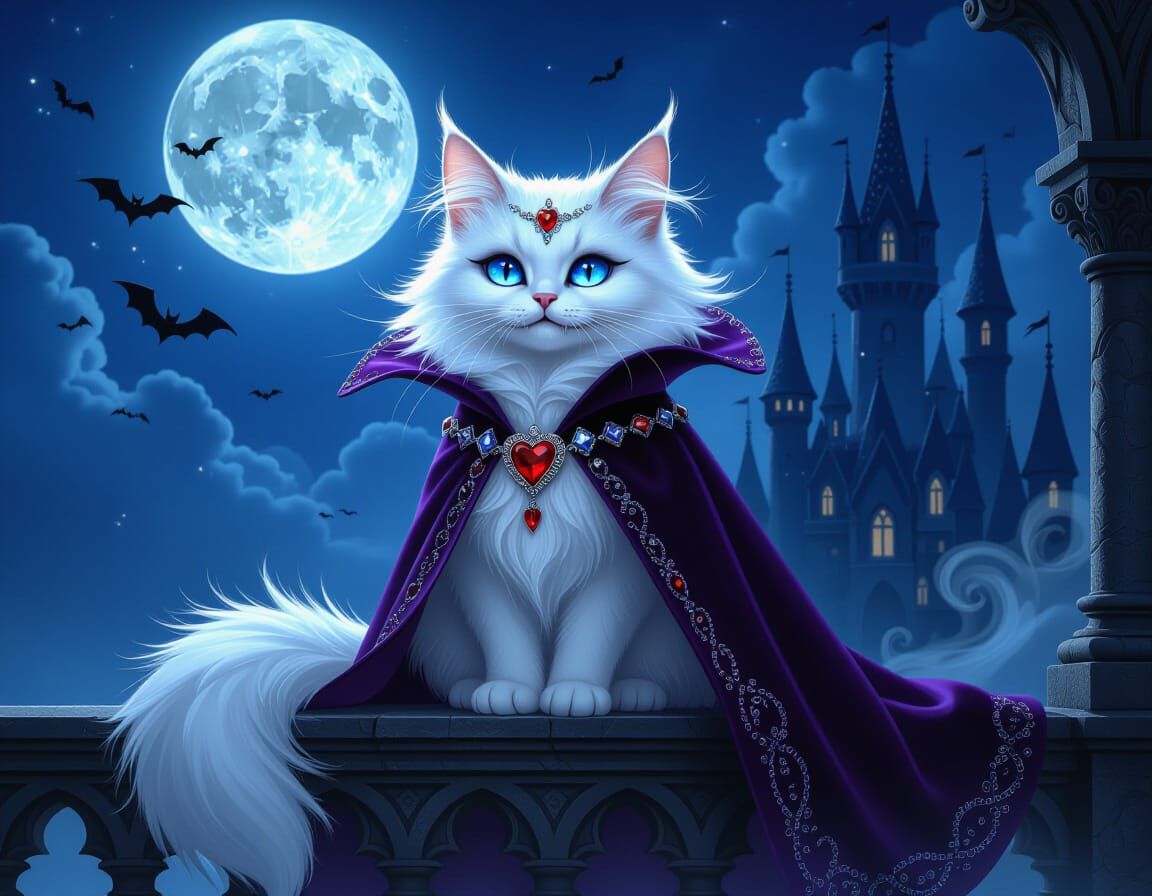 Fantasy Cat on Gothic Balcony Under Full Moon