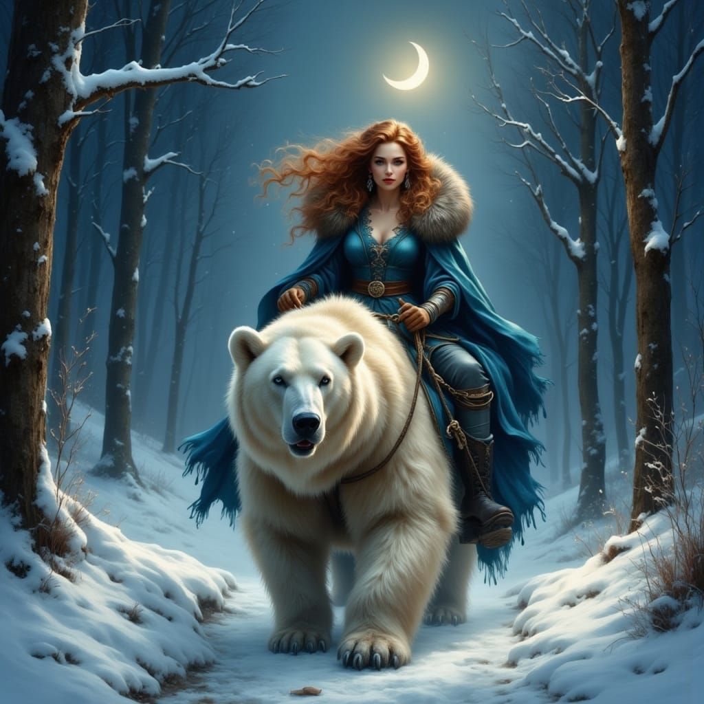 Mystical Snow Queen Rides Polar Bear Under Starry Night Sky