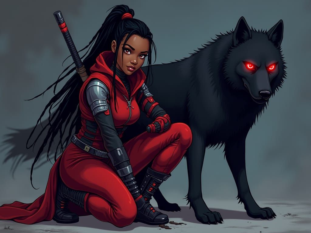 Sleek Ninja Goddess with Wolf Companion in Cel-Shaded Anime ...