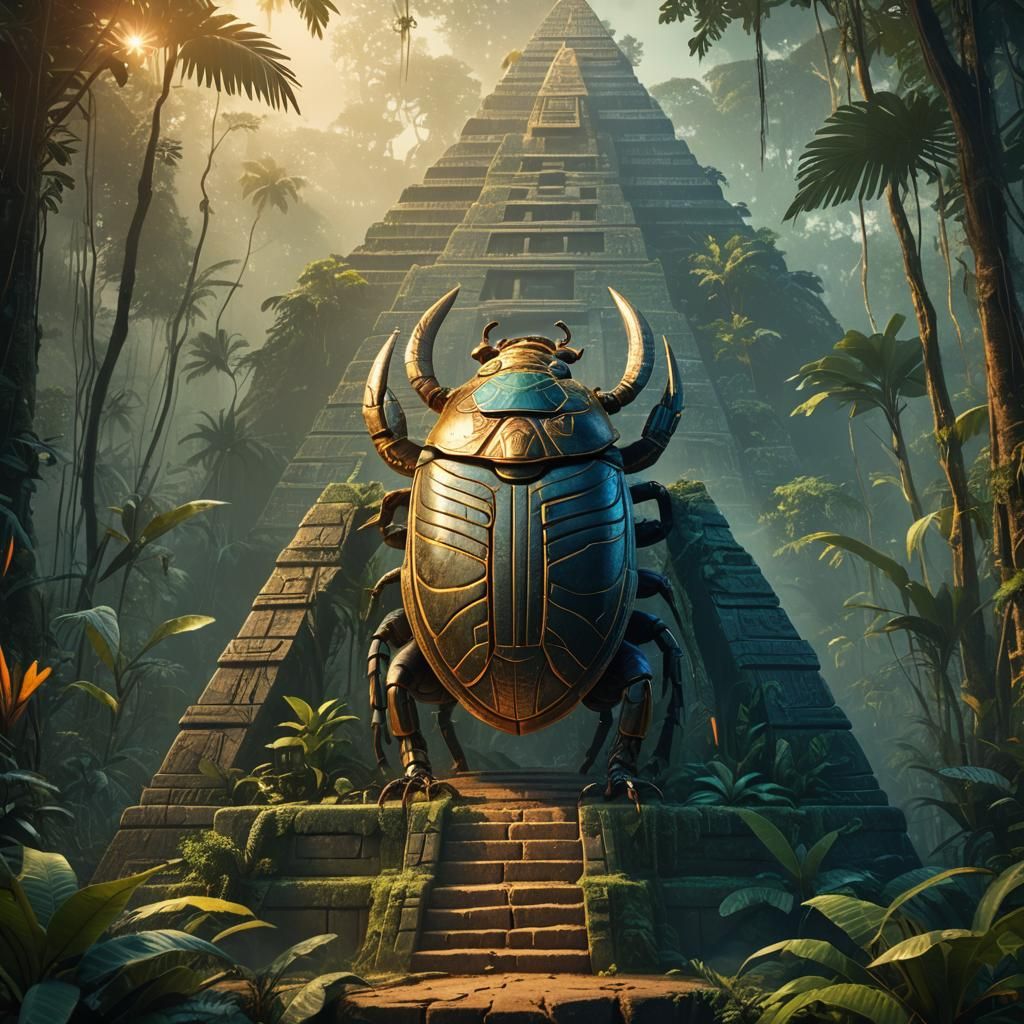 Majestic Scarab Beetle on Jungle Pyramid
