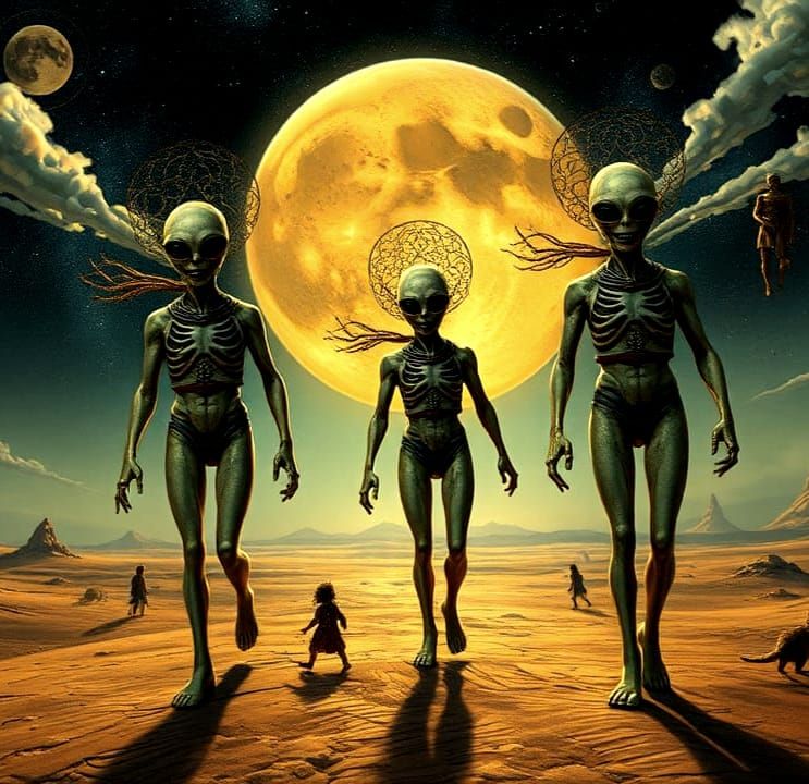 Welcoming Alien Spacemen in Surreal Landscape
