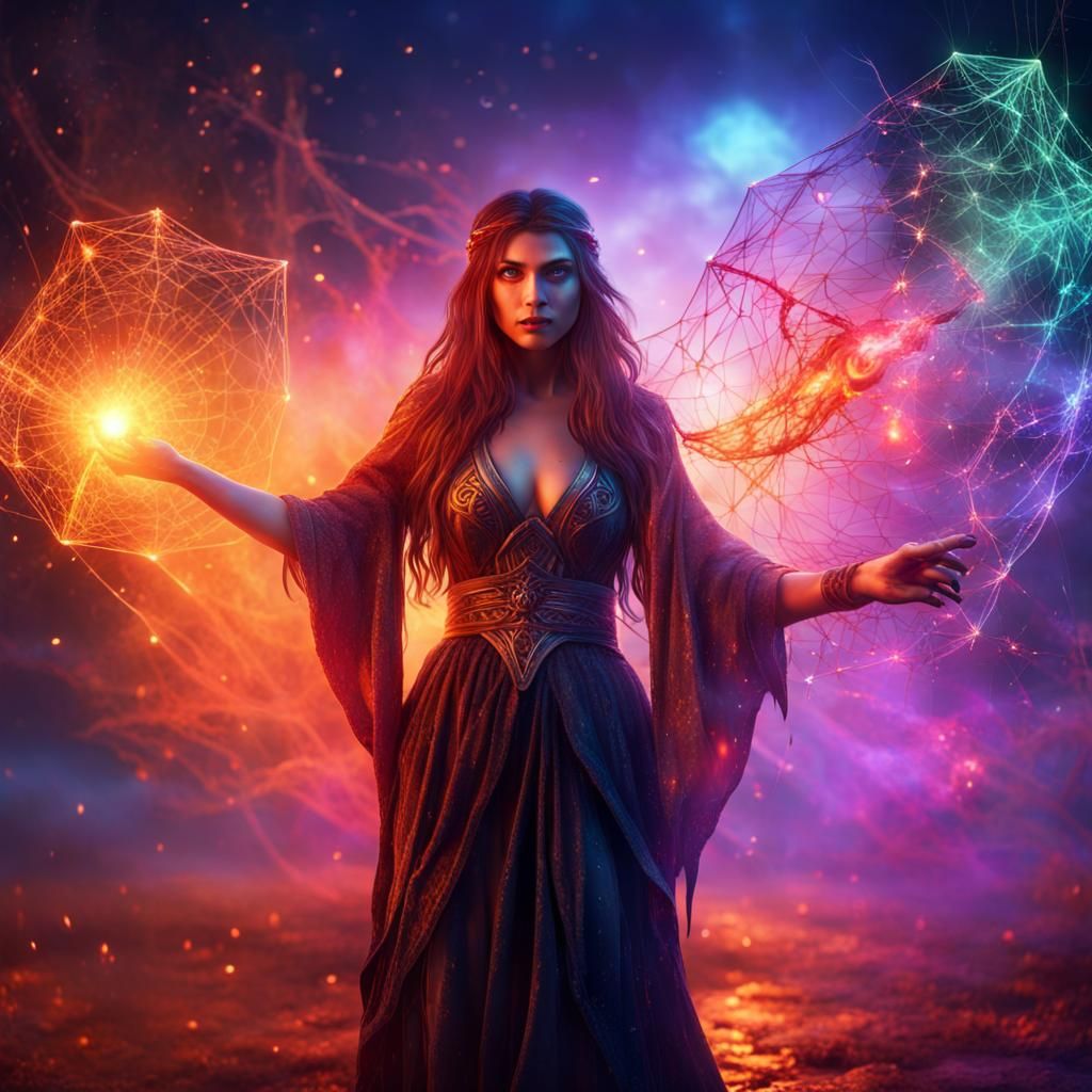 Wild Sorceress Weaving Cosmic Webs in Luminous Night