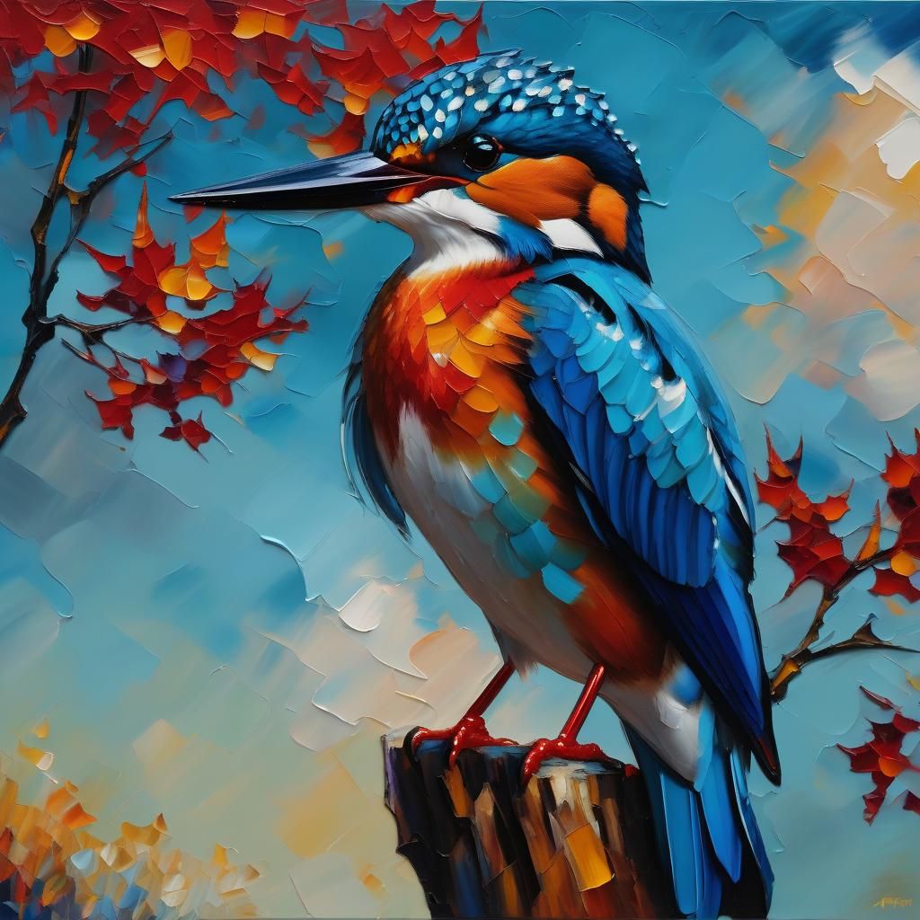 Kingfisher in Autumn Sky: Expressionist Oil Painting