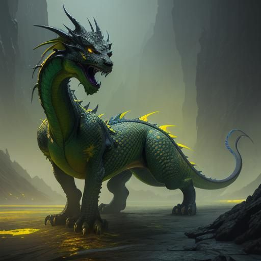 Yellow Dragon with Green Eyes: Fantasy Concept Art