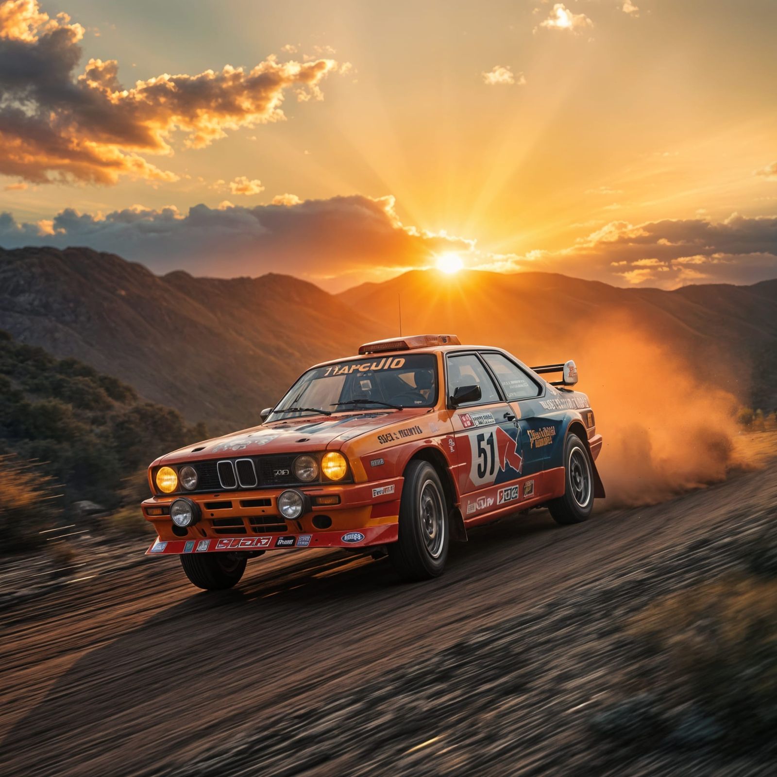 rally car, rally group b car, wrapped in anime style colors body artwork, sunset lighting, sun rays through clouds, very...