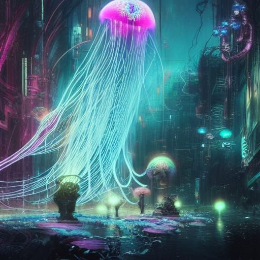 Cosmic Jellyfish Predator in Electric Luminescent Style