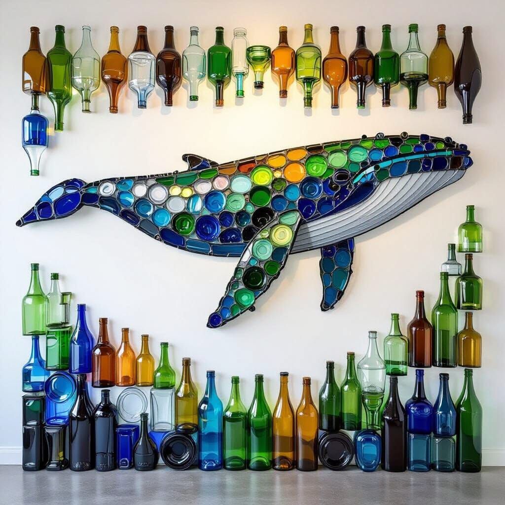 Hyperrealistic Whale Mural Made of Colorful Glass Bottle Bot...