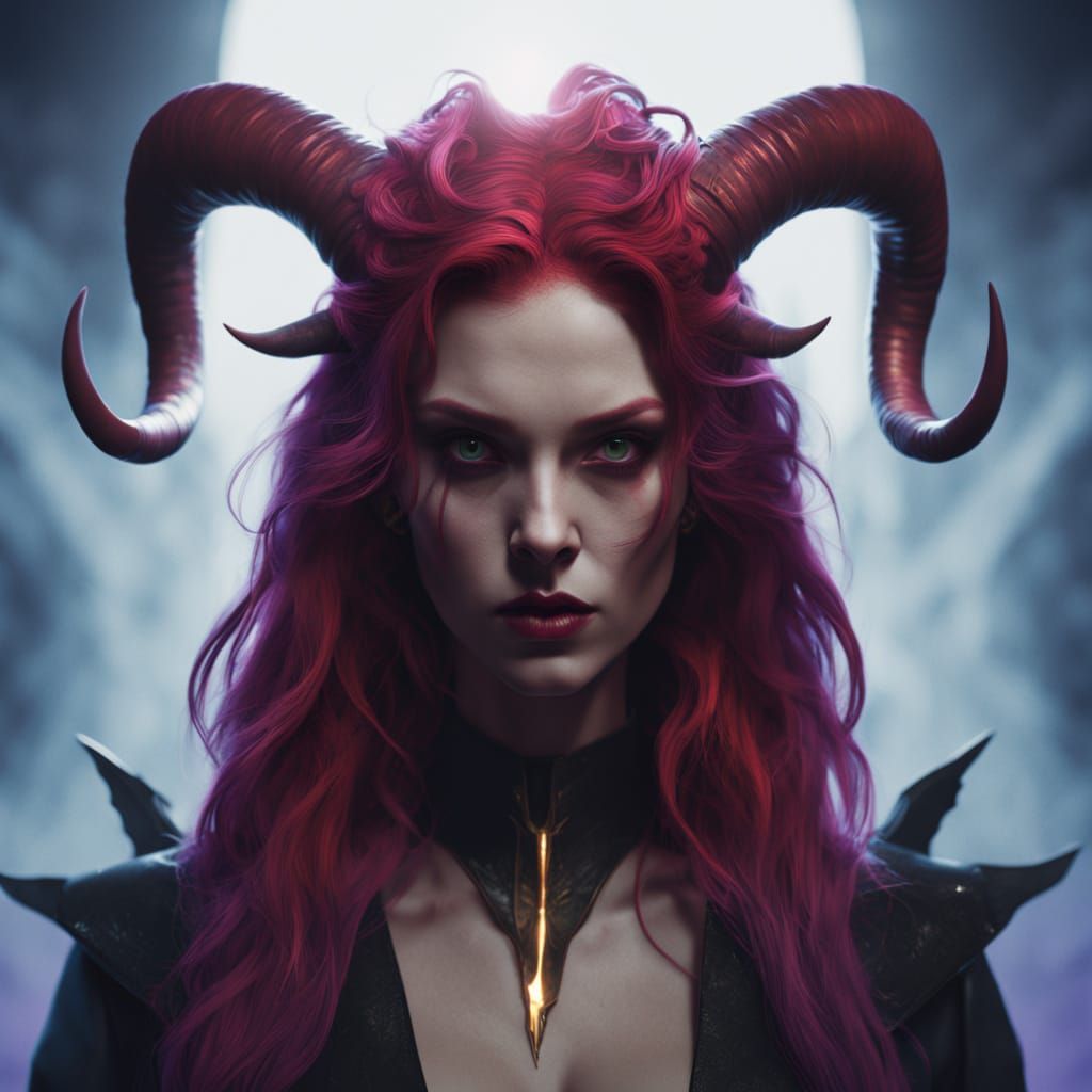 Dark Fantasy Woman with Red Horns and Pink Hair