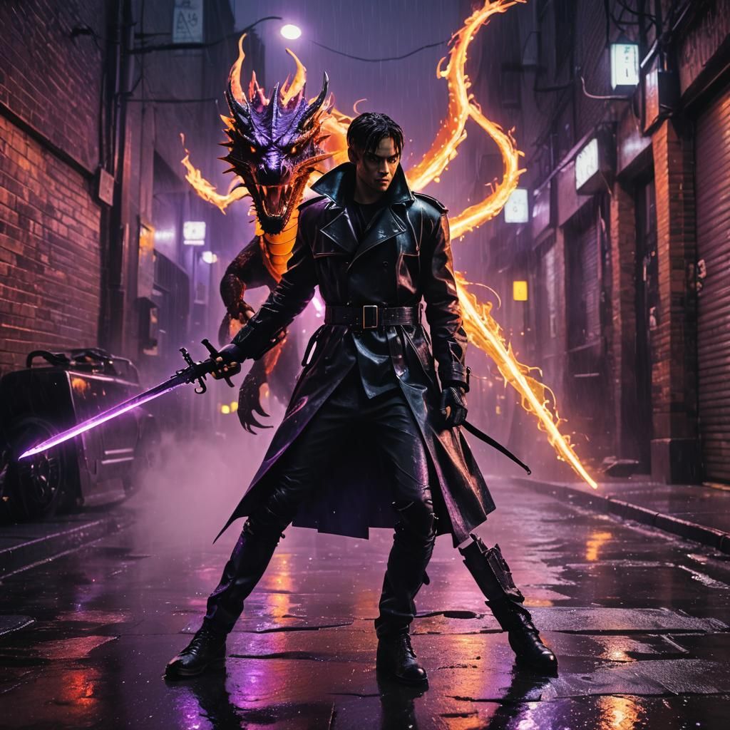 Cyberpunk Knight vs. Dragon in Neon Noir
