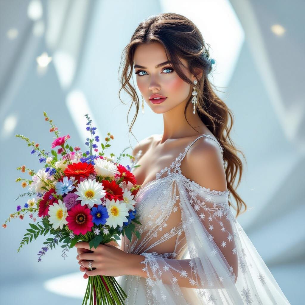 Starlight Gown: Hyperrealistic Woman with Wildflowers