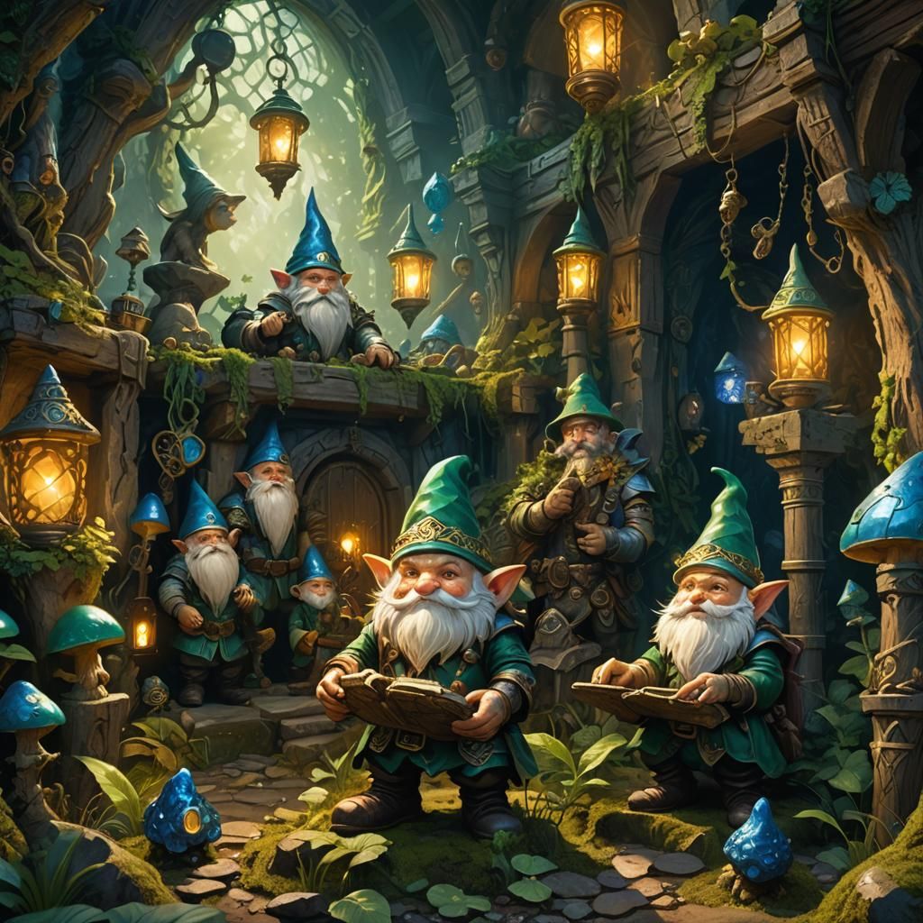 Gnomes in Overgrown Treasure Trove: Fantasy Art
