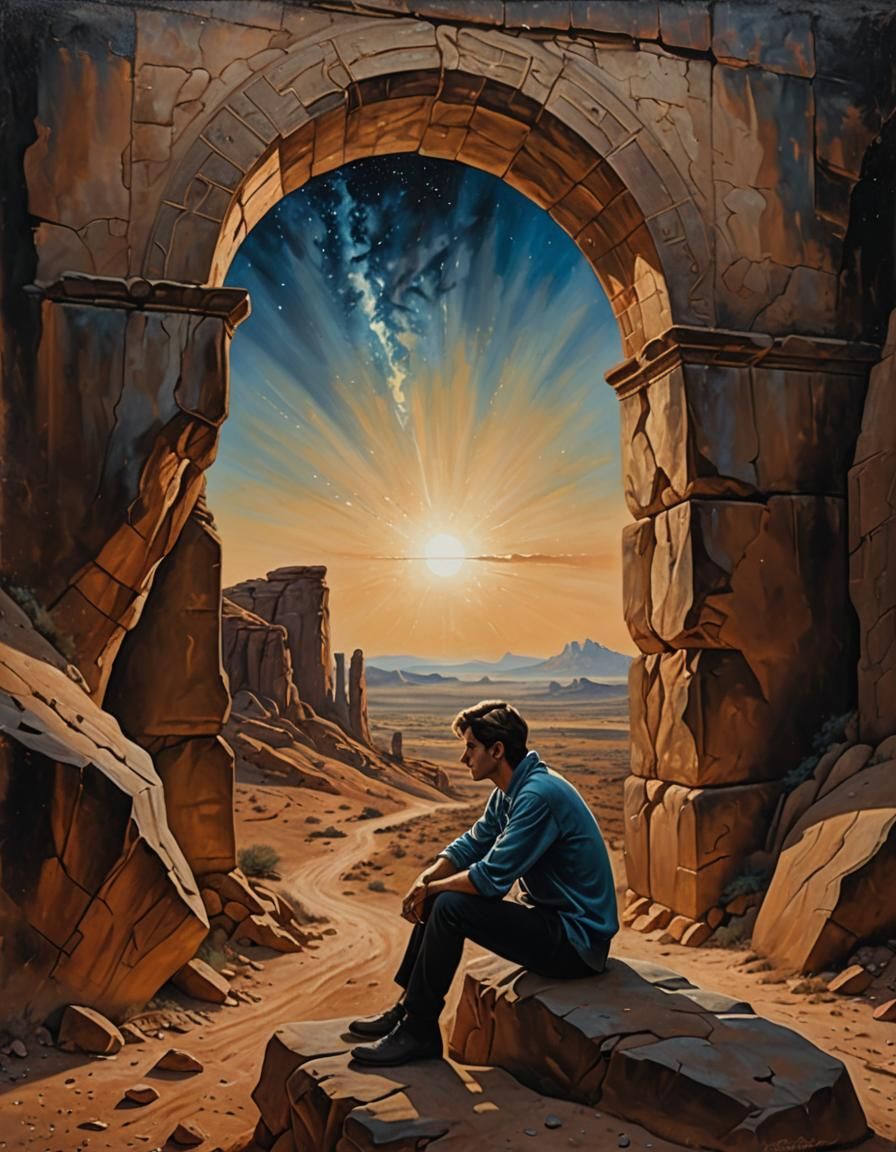 Surrealist Man in Ancient Archway with Wasteland View