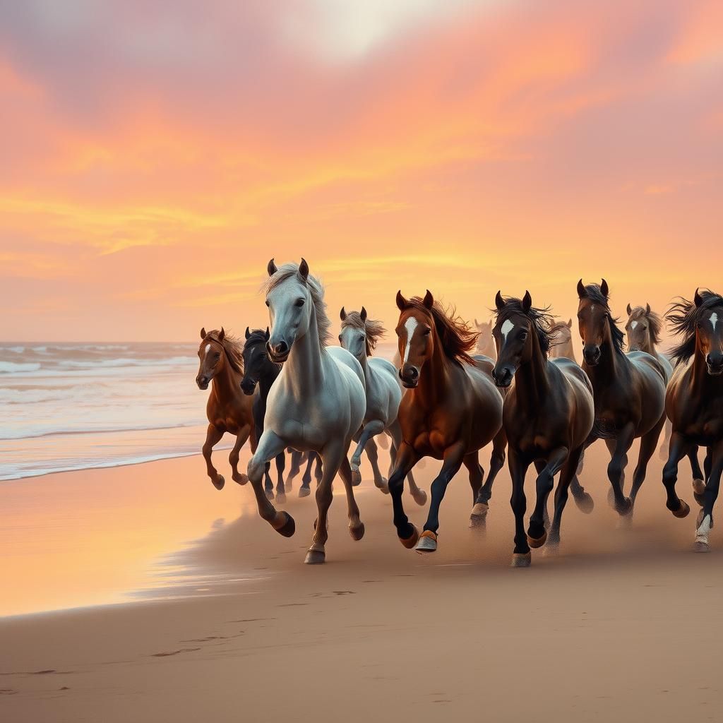 Horses Running on Sunset Beach, Impressionistic Style