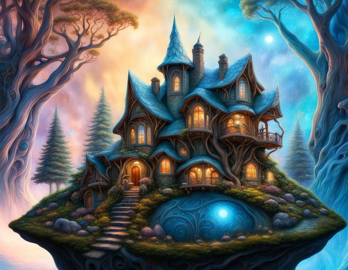 Enchanting Serenity: Unveiling the Mystical Fairy Abode in the Celestial Blue Starlit Woods