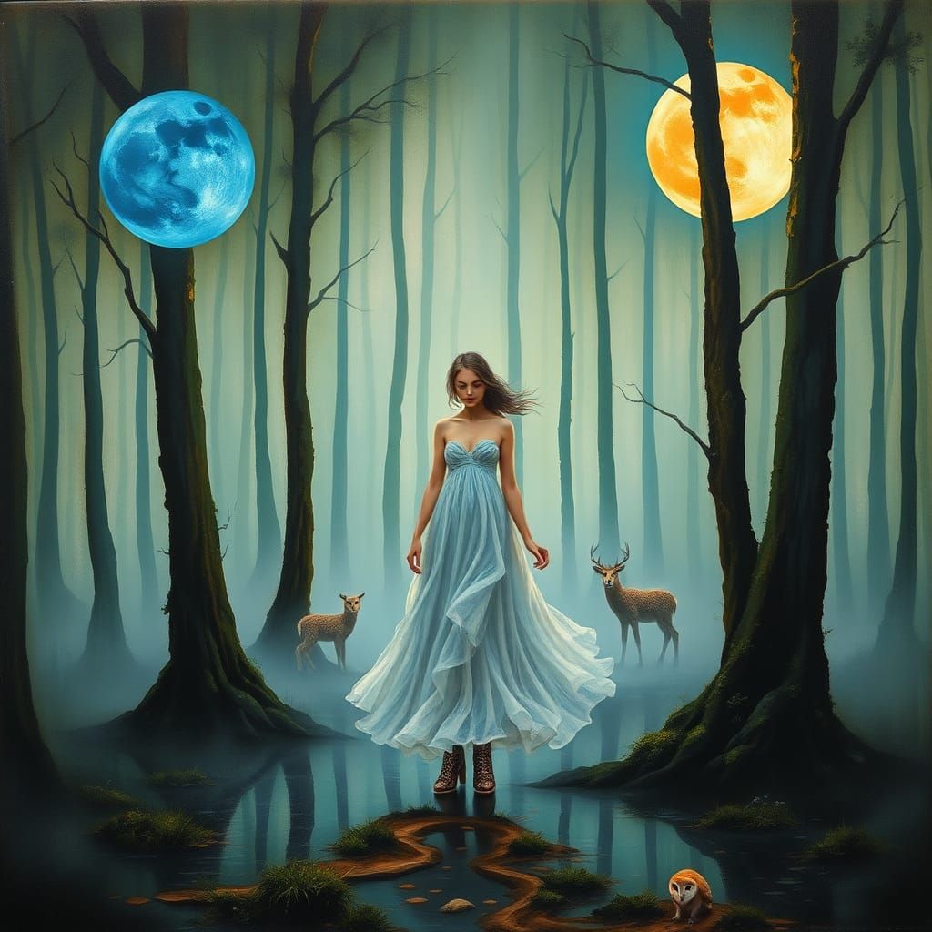 Ethereal Woman in Forest with Cypress Trees