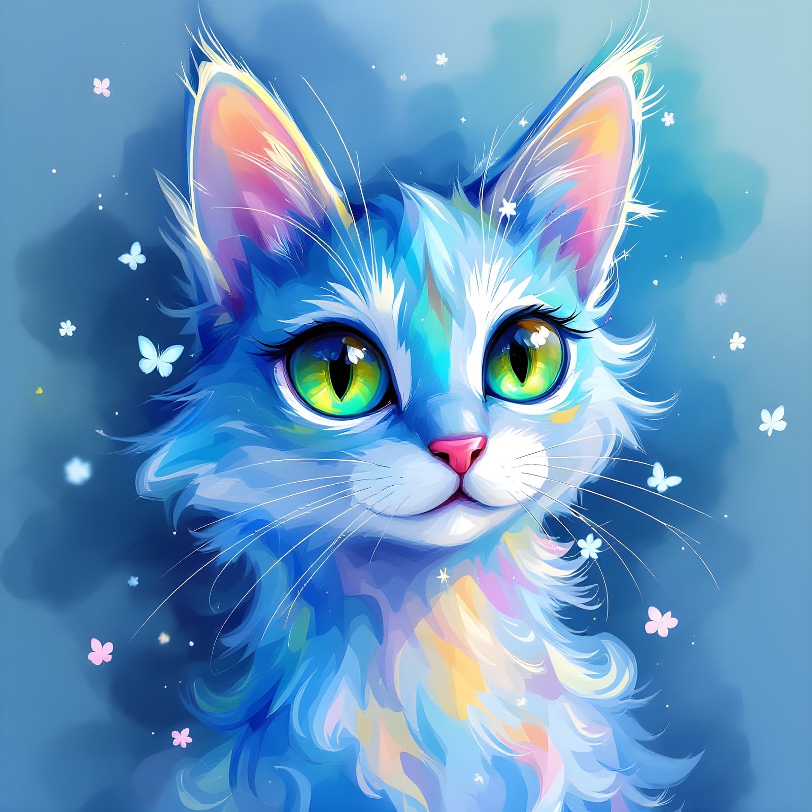 Surreal Blue Anime Cat in Watercolor Style