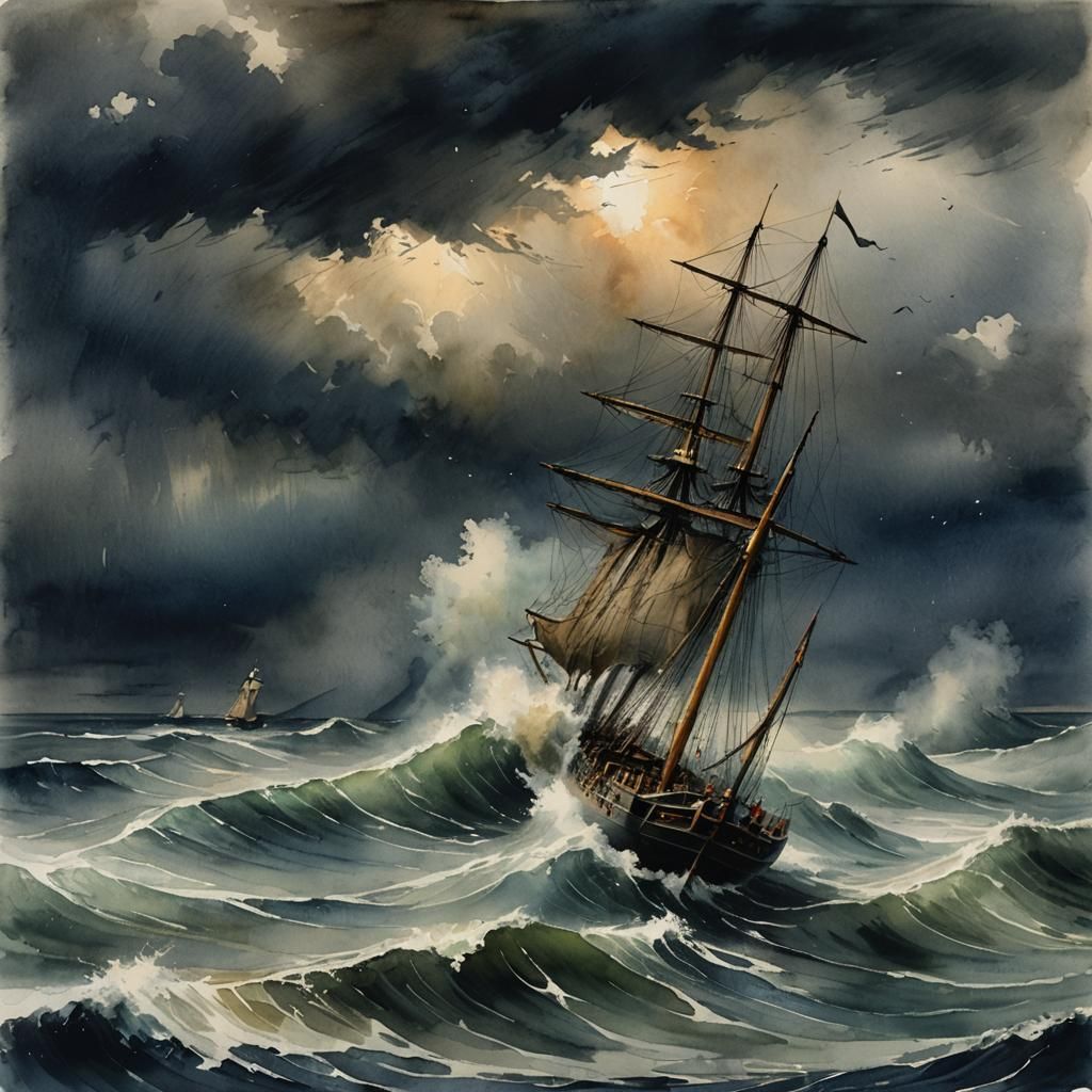 Stormy Voyage: Ship at Sea in Watercolor Style