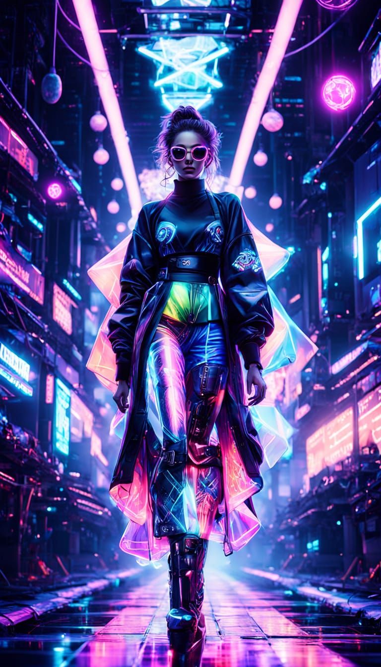 Glowing Fashionista Struts Down a Neon Runway in Cyberpunk S...