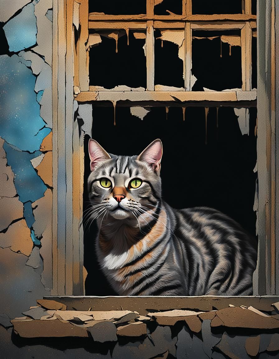 Tabby Cat Portrait in Derelict Building, Blake Style
