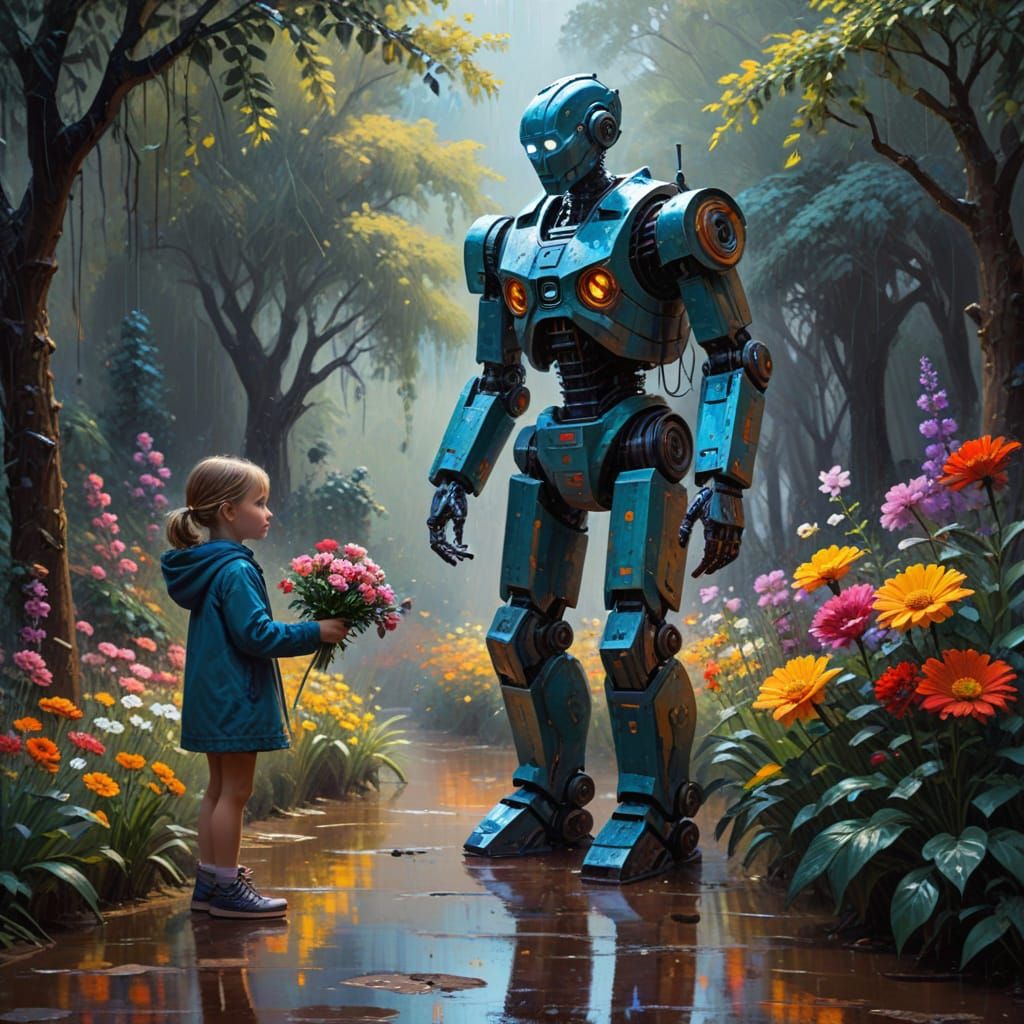 Robot Offers Flowers to Child in Gouache Masterpiece