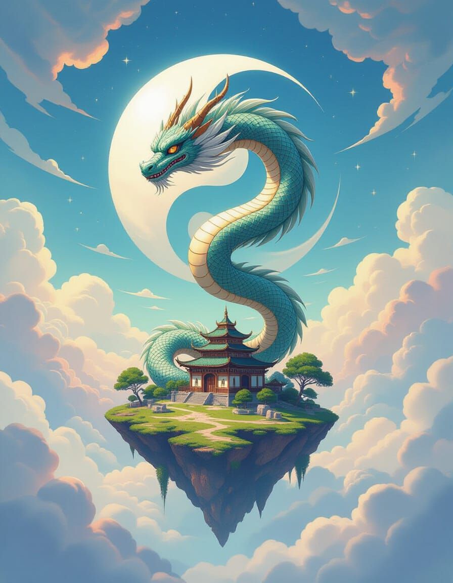 Mythical Serpent Coiled Around Ying Yang in Dreamlike Sky