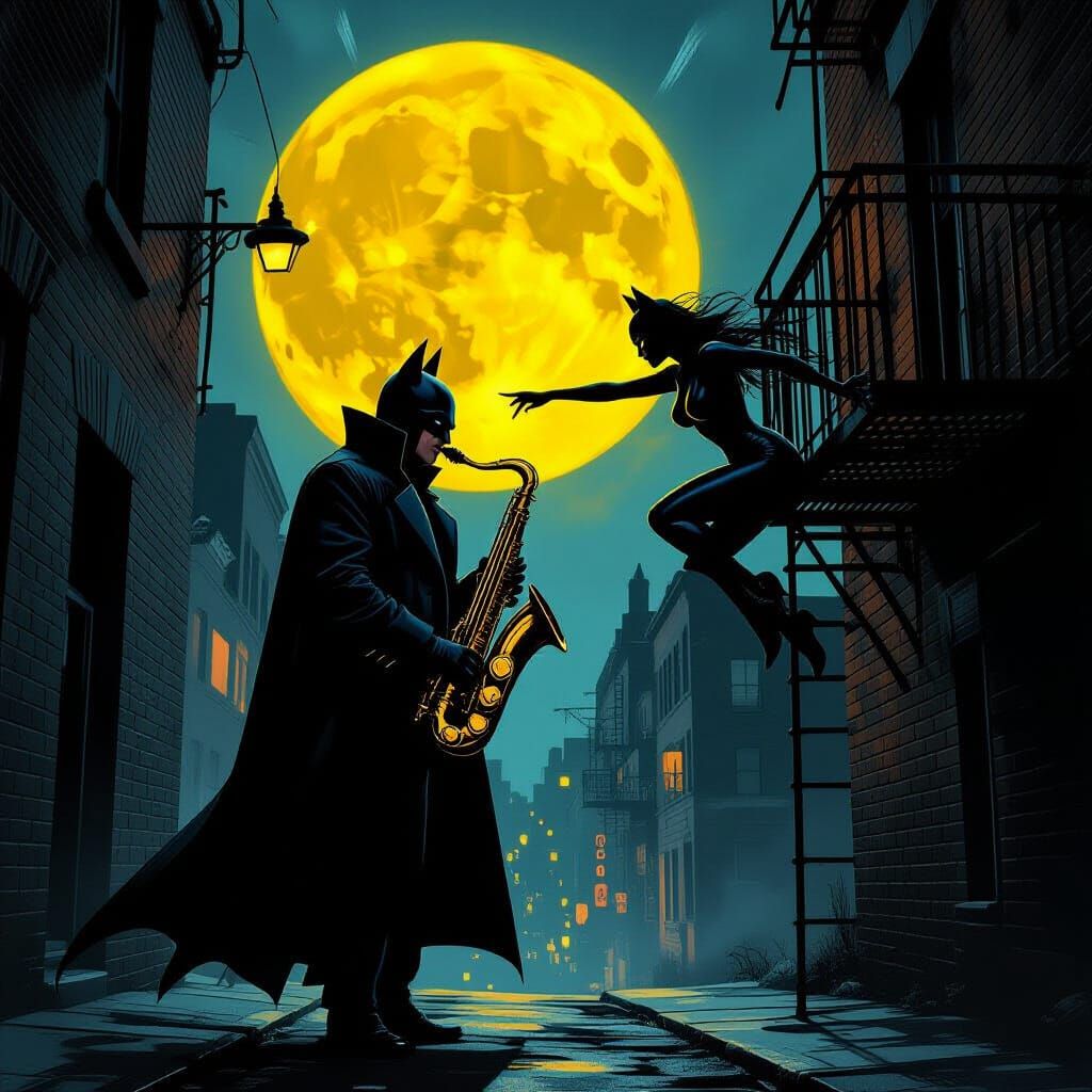 Batman and Catwoman Noir Dance Under Cyberpunk Moon