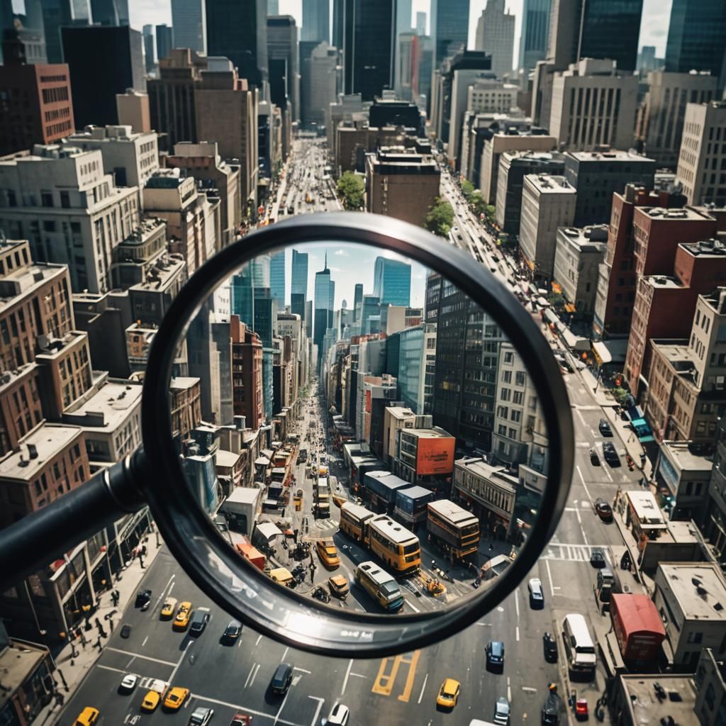 Magnifying Glass Reflects Busy Cityscape in Cinematic Style