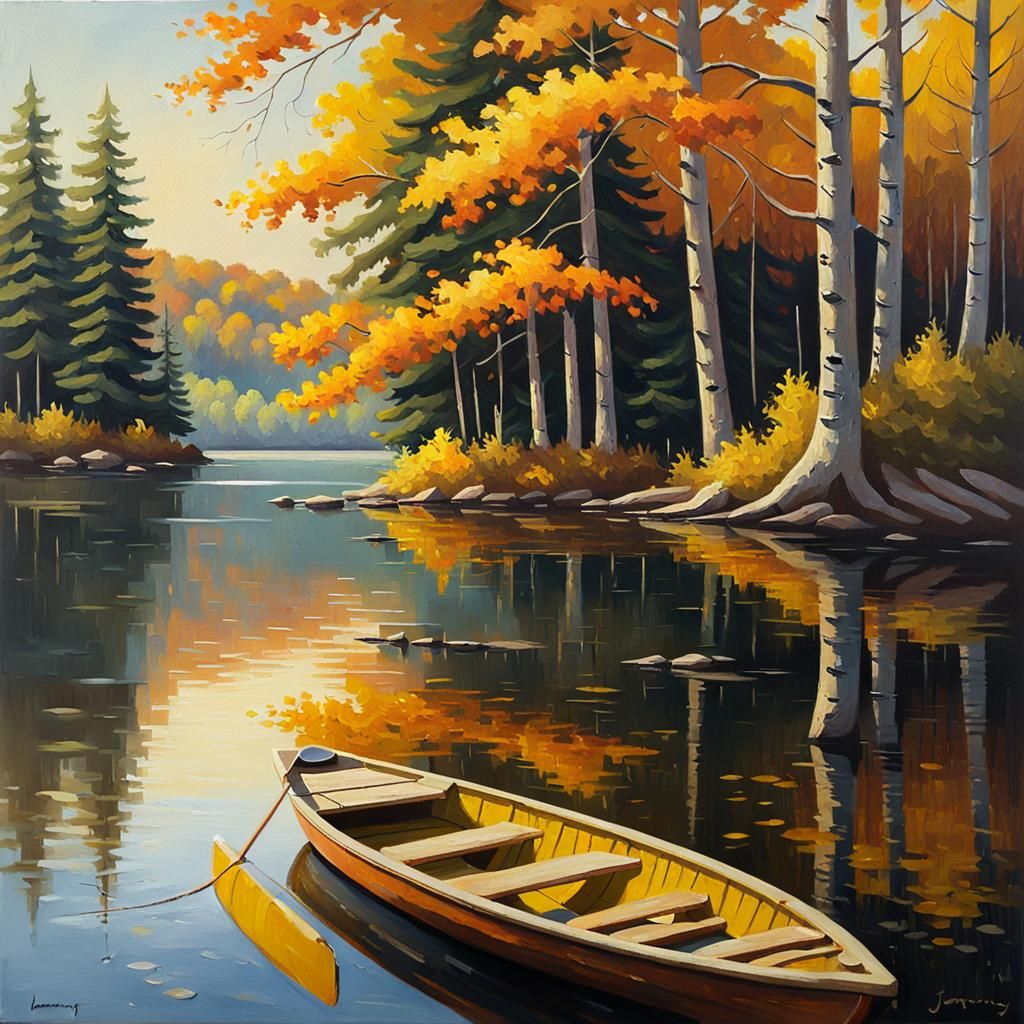 Golden Autumn Lake: Impressionistic Oil Painting